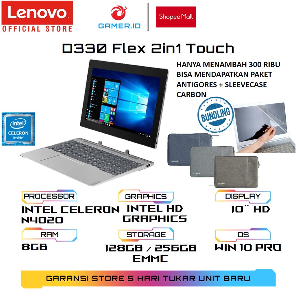 Lenovo D330 Flex 2in1 Touch - Intel Celeron N4020 8GB 128GB/256GB eMMC Win10Pro 10.1