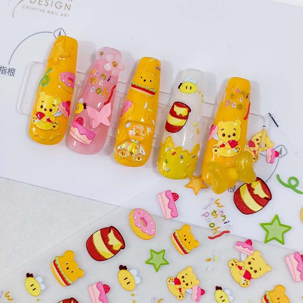 [Elegan] Inuyasha Stiker Kuku Fashion Relief Inuyasha Kucing Winnie the Pooh Beruang Kartun Stiker Kuku