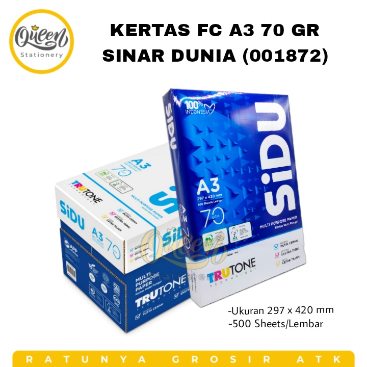 

1 RIM (500 LEMBAR) KERTAS FC A3 70GR SINAR DUNIA (001872) - KERTAS PRINT HVS PUTIH FOTOCOPY