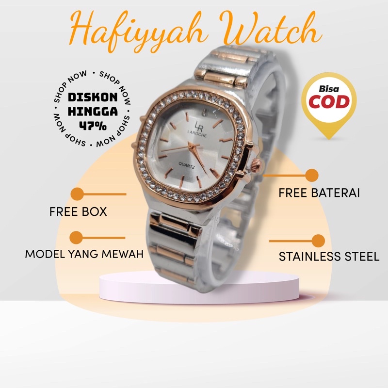 FREE BOX !! BAYAR DITEMPAT!! JAM TANGAN WANITA DEWASA LAROCHE RANTAI STAINLESS STEEL MODEL SQUARE KEKINIAN