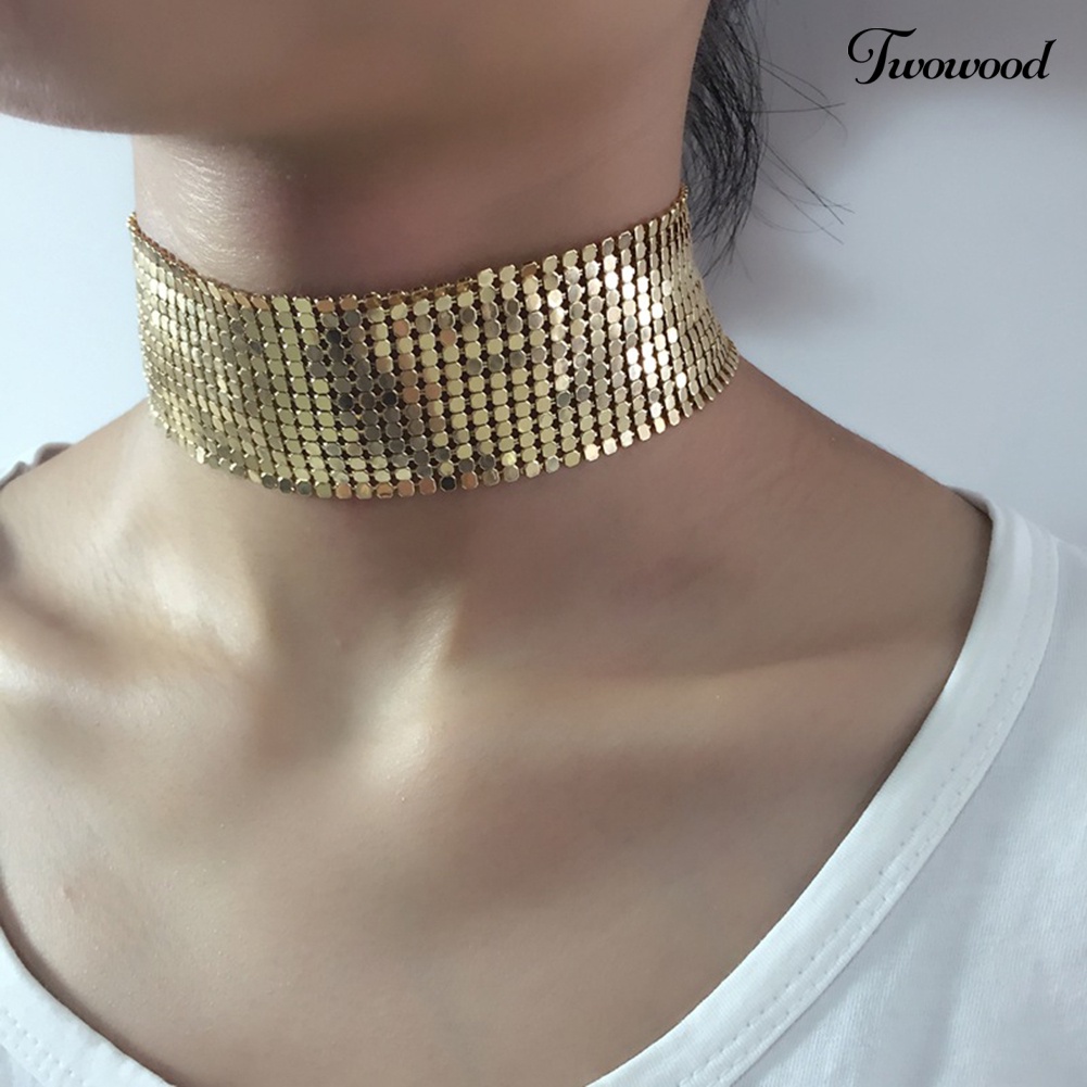 Kalung Choker Model Lebar Bahan Mesh Aksen Payet Gaya Punk Untuk Wanita