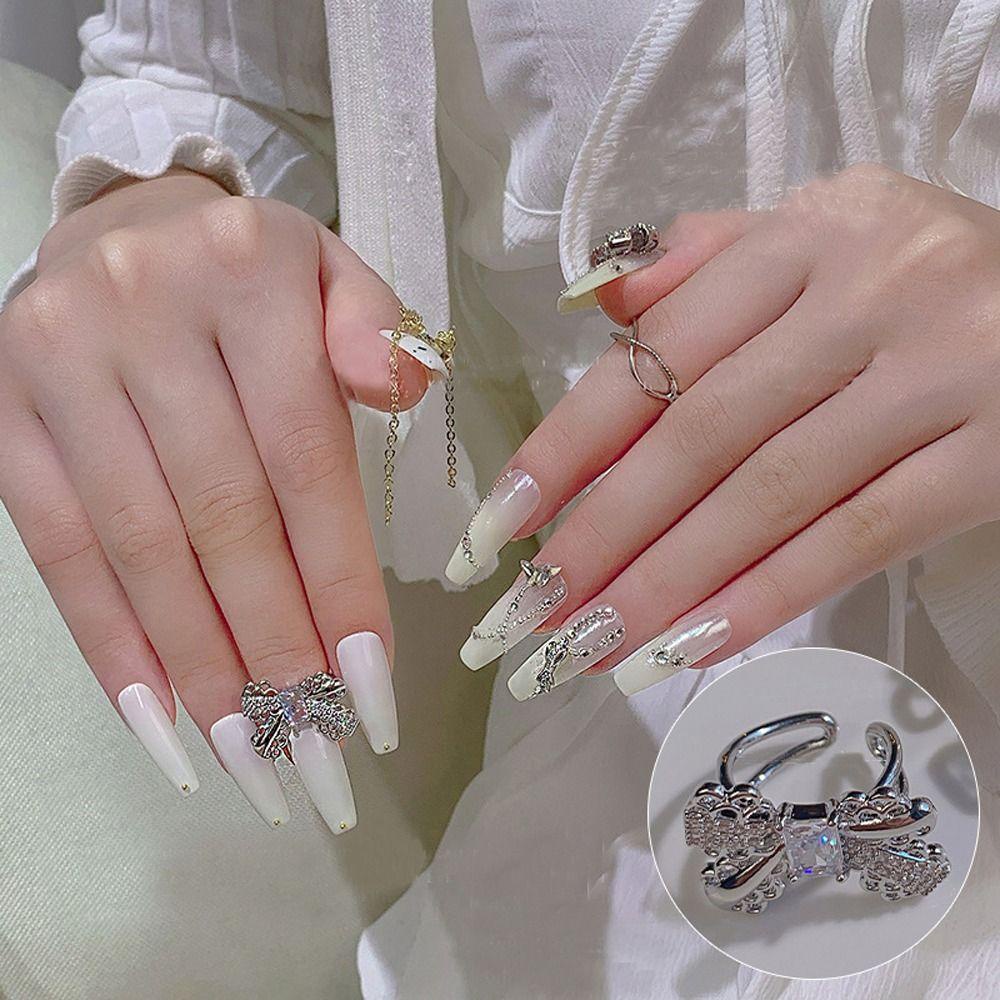 Mxbeauty Busur Kuku Cincin Bergaya Flash Vintage Wanita Perhiasan Glitter Pernikahan Aesthetic Aksesoris Indah Berlian Kuku Zirkon Dekorasi