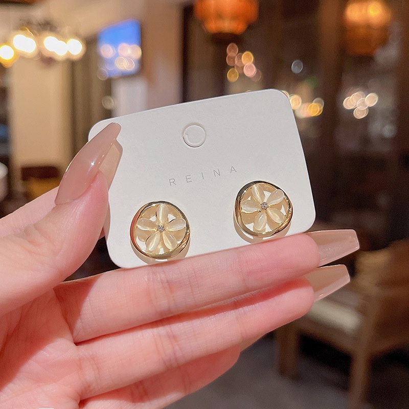 Anting Tusuk Desain Bunga Opal Geometri Hollow out Bahan 925 silver