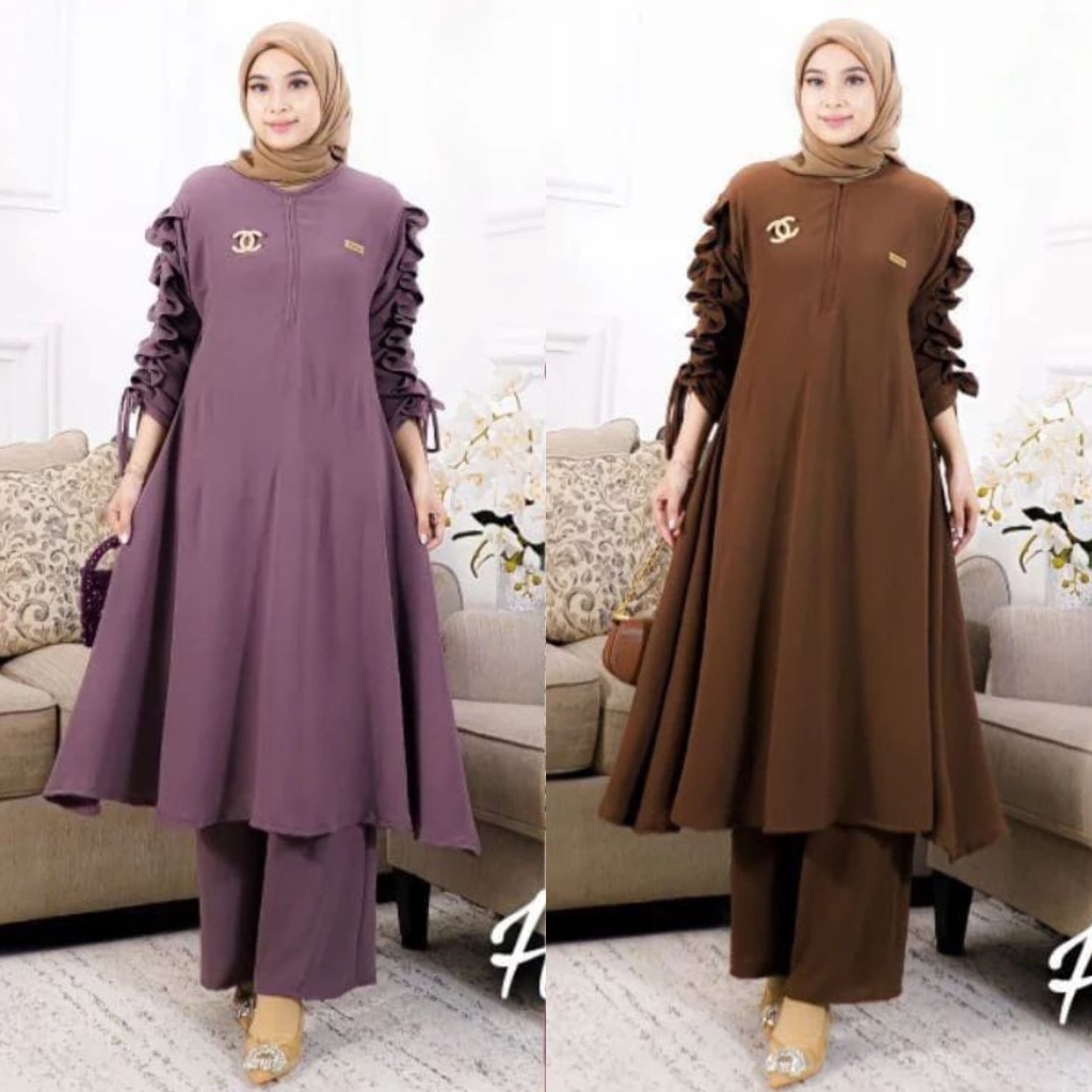 Herlin Set 2in1 Setelan Tunik + Celana Panjang Lengan Serut Viral 2022
