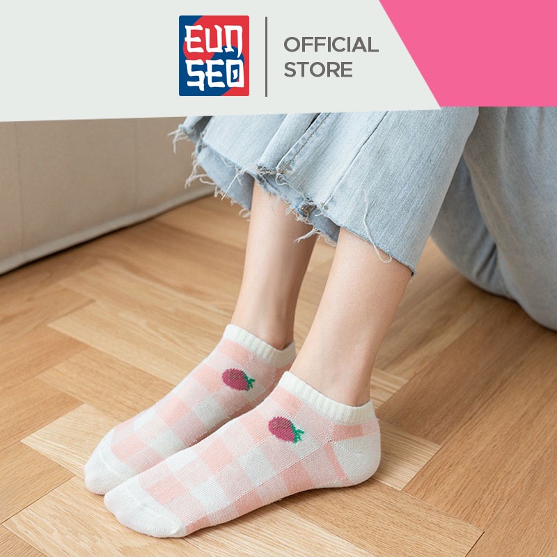 EUNSEO Kaos Kaki Semata Kaki Pendek Fashion Korea Motif Strawberry Merah Kaoskaki Pendek Wanita Premium