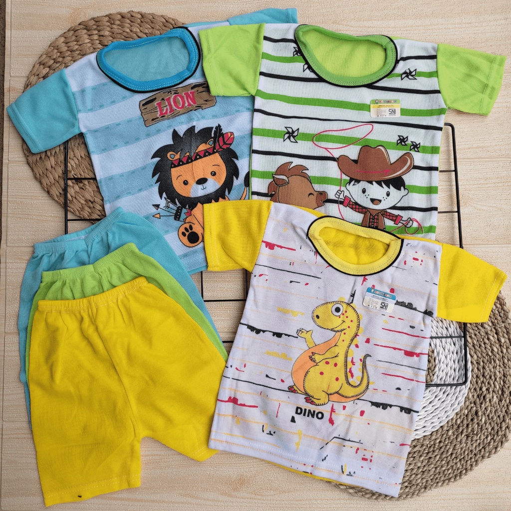 3 Setelan Baju Bayi Oblong Pendek SNI 0-12 Bulan 3 Motif Berbeda Motif Original Meyriana Collection