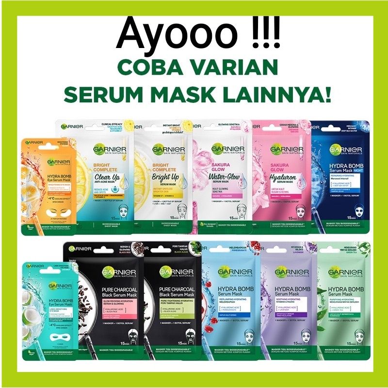 Garnier sheet mask berbagai varian light complete/ sakura white/ sakura glow/ bright up/ green tea/ algae/ hydra bomb mask