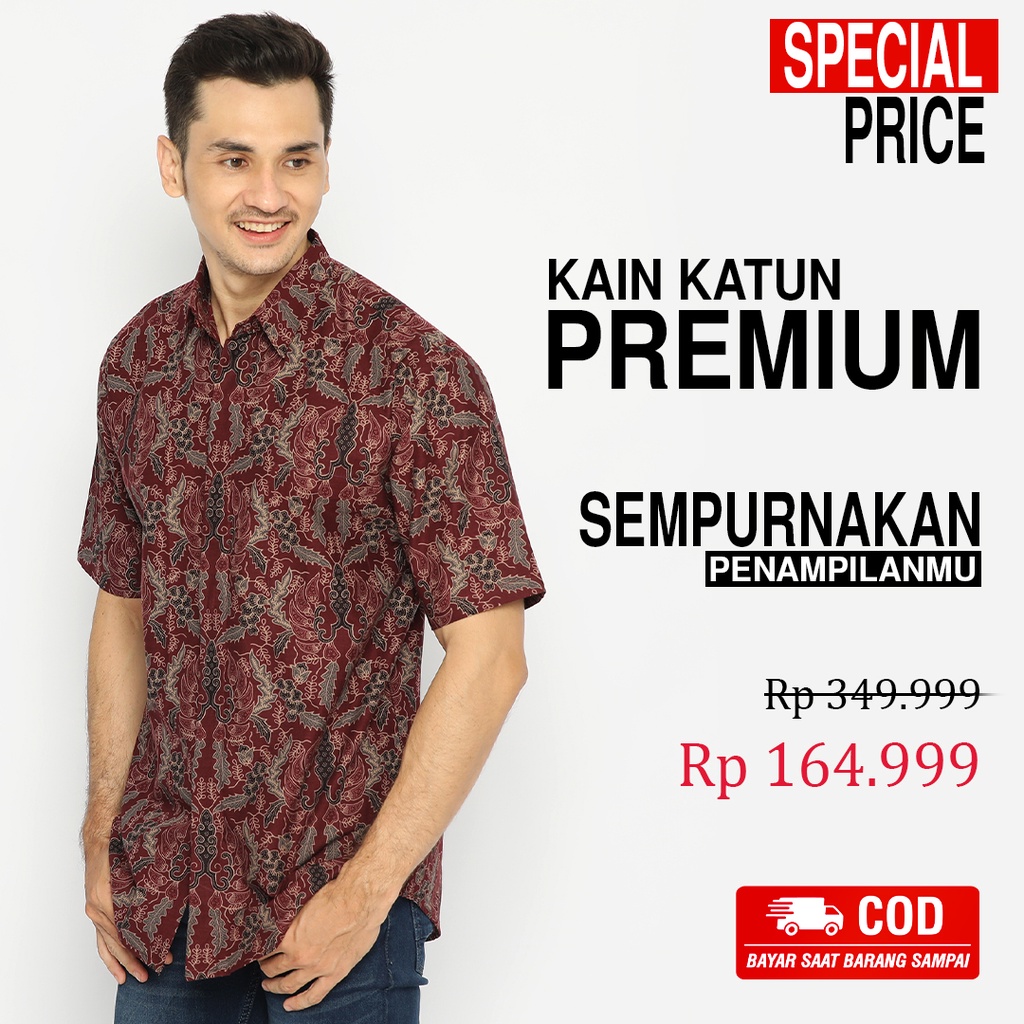 KEMEJA BATIK PRIA Lengan Pendek Slimfit Slim Fit Premium Warna Merah Maroon Marun 728926 Cap 72 - Baju Kemeja Atasan Pakaian Setelan Batik Pria Cowok Laki Laki Remaja Keluarga Kantor Lengan Pendek Modern Slimfit Slim Fit Premium Kekinian