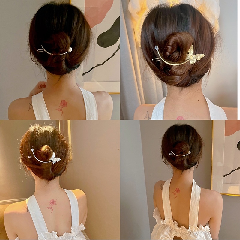 Jepit Rambut Bentuk Bunga Kupu-Kupu Aksen Mutiara Berlian Imitasi Bahan metal Gaya Korea butterfly