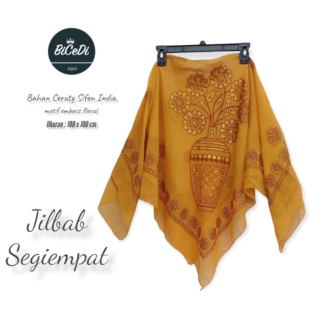 Jilbab Segiempat Ceruty Sifon Motif Pot Flower Batik India Emboss / Hijab Segi Empat 100 x 100cm / Kerudung Ceruty Segitiga