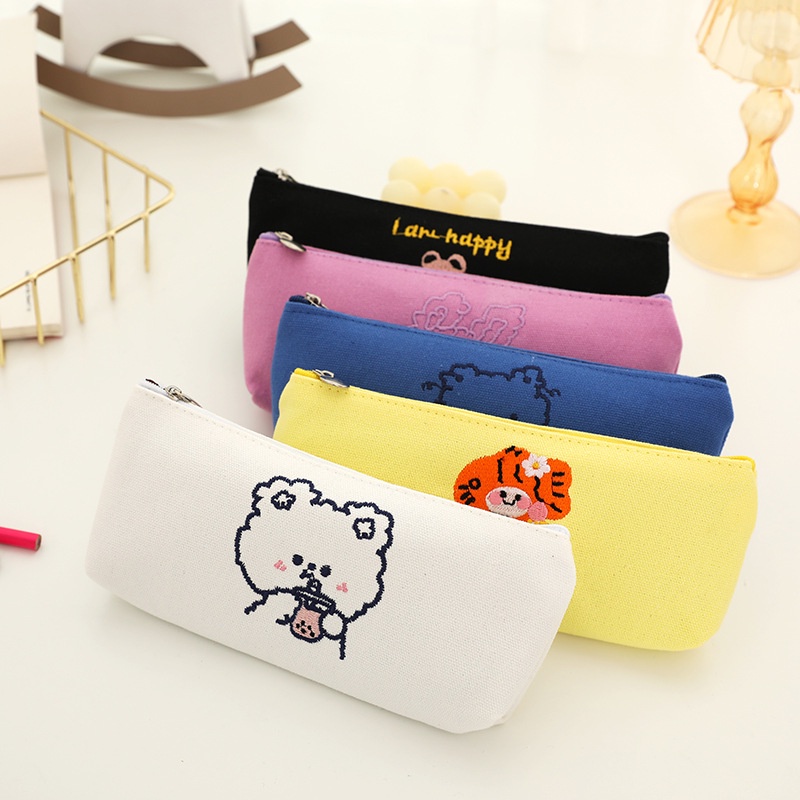 

Cute Cream Color Embroidery Bear Pencil Case Large Capacity Canvas Pen Pouch Kawaii Stationery Penci