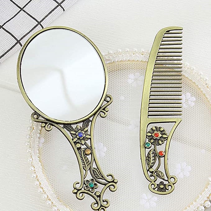 cermin set sisir genggam gagang emas gold mini kecil make up rias souvenir vintage aesthetic estetik