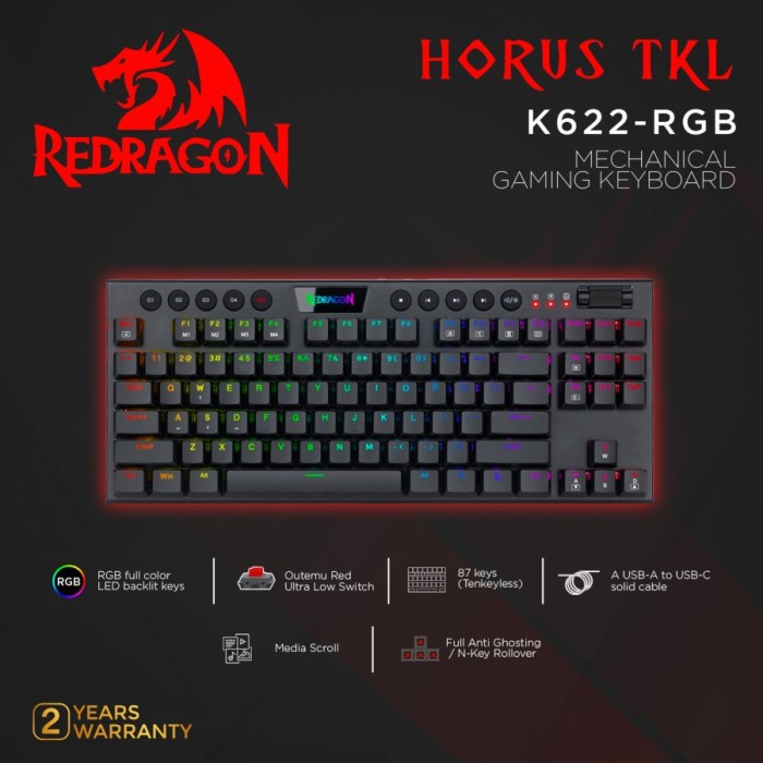 Keyboard Mechanical Redragon Keyboard RGB Ultra Low Profile HORUS TKL- K622-RGB
