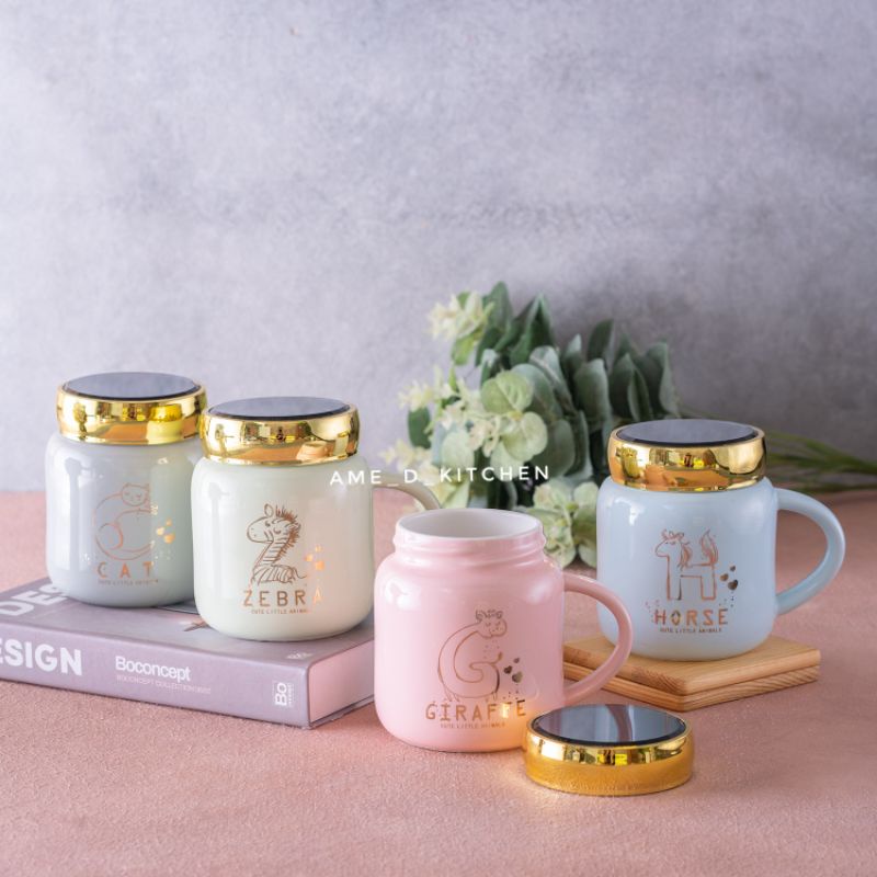 Mug keramik tutup putar little animal with box YD-2111