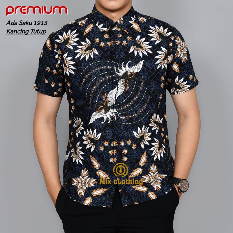 LBS 1584 NAVY HEM KEMEJA BATIK PRIA SLIM FIT LENGAN PENDEK LUIGI BATANI