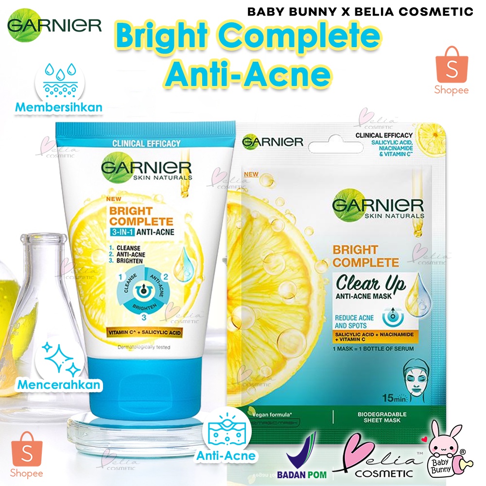 ❤ BELIA ❤ Garnier Bright Complete Anti Acne Series | Clear Up | Serum | Sachet | Face Wash | Masker Wajah | BPOM