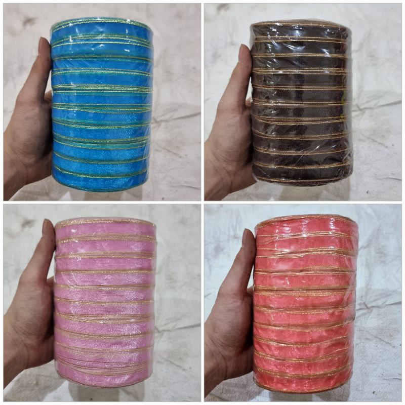Pita Organdi List Emas 1/2&quot; / 1,25 cm per Slop (10 roll x 50 yard) Grosir Obral Cuci Gudang Pita Kado 1/2 inch