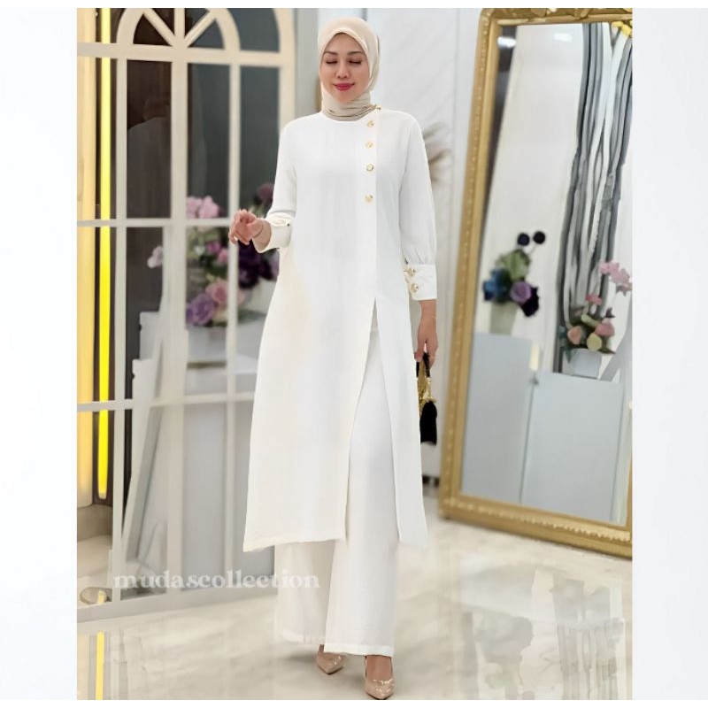 Adeline One Set Jumbo Setelan Long Tunik Dan Celana Panjang Baju Setelan Wanita Kekinian Bahan Crinkle Outfit Kondangan