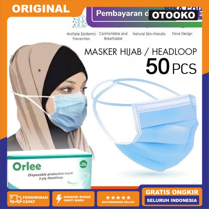 Masker Headloop Hijab 3 Ply 3Ply Face Mask anti Debu Virus isi 50 Pcs