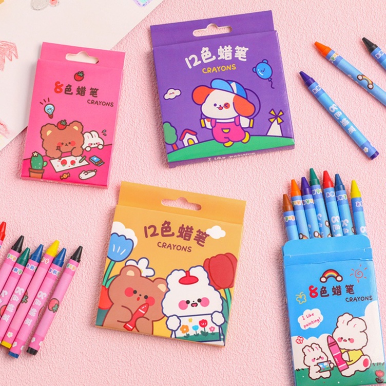 Crayon Krayon 12 Set Dan 8 Set Warna Mini Karakter Lucu Estetik Aesthetic / Crayon Painting Color Karakter / Crayon Mini Karakter