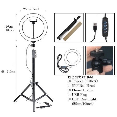 Paket Komplit Ringlight 26cm + Tripod 2,1 Meter Make Up Vlog