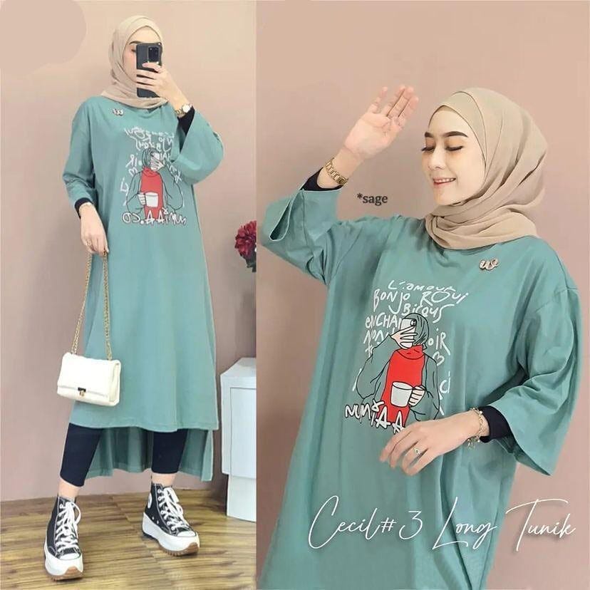 Long Tunik Terbaru Cecil long tunik #3 bahan kaos katun combed 24s Aplikasi sablon size s-xxl ld 90-120 cm Pakaian long tunik wanita model terbaru 2023 Baju atasan wanita lengan panjang Dress kaos katun oversize Gamis wanita warna milo , dusty , navy