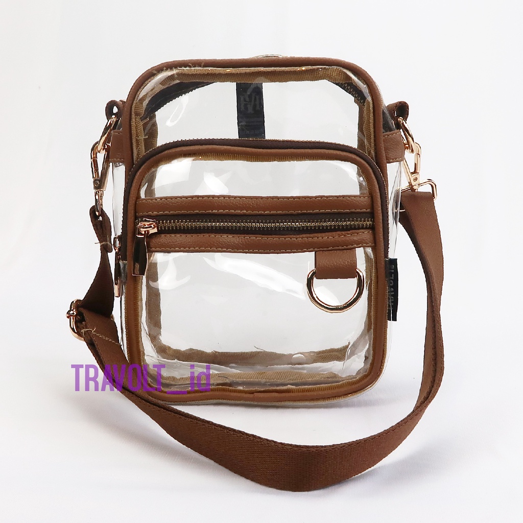 Tas Selempang Transparan Resleting - Kulit Coklat -Travolt - Sling bag pouch - Tas PVC Mika tebal - Tas Konser KPOP - iseul