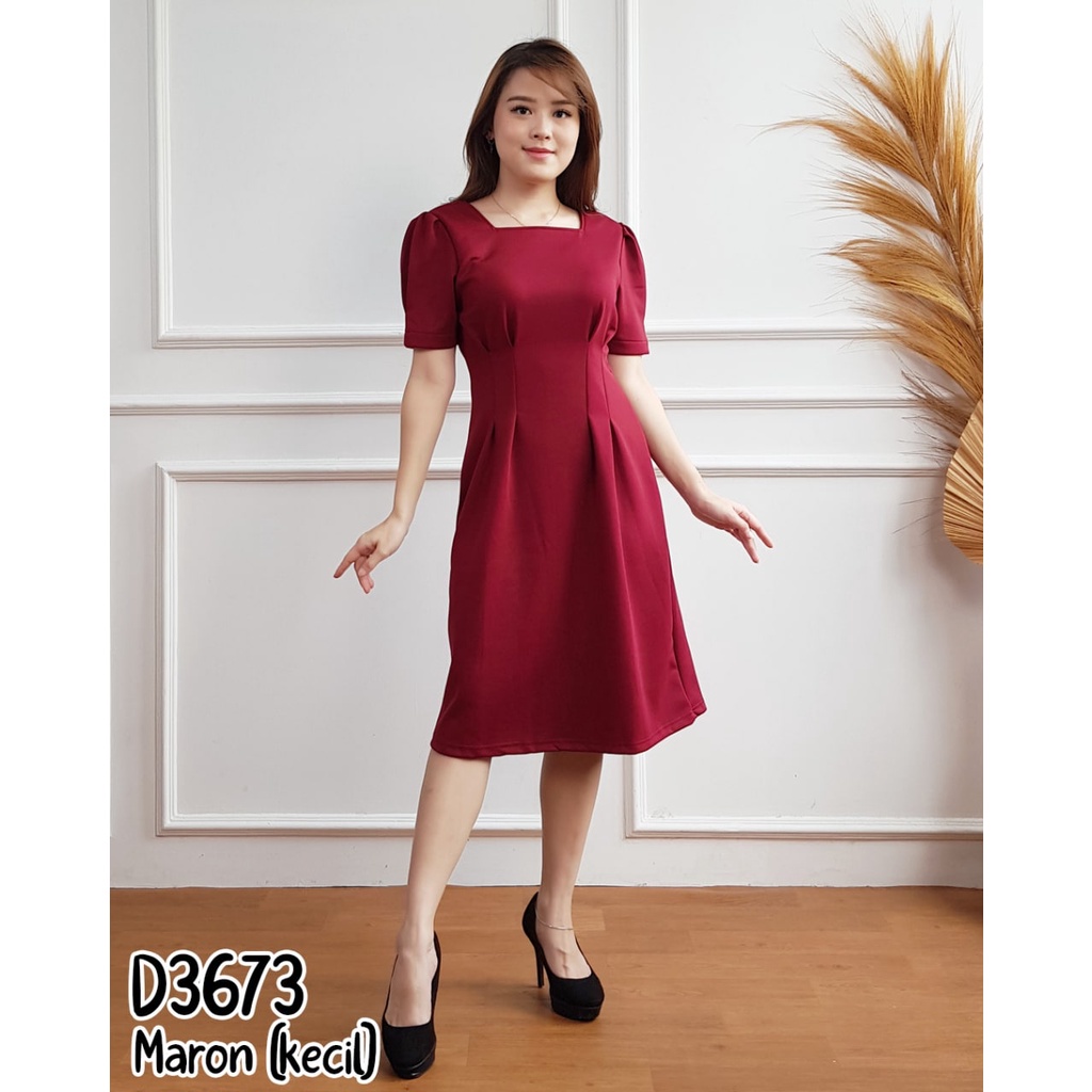 Dress midi lengan pendek wanita Scuba 3673