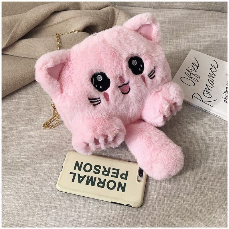 Tas Selempang Boneka Kucing FYKACU Tas tali rantai Tas bulu korean style