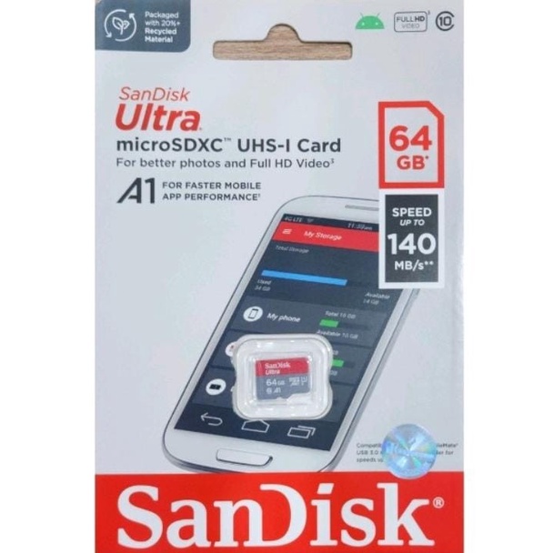 Micro SD Sandisk Ultra 64GB 100Mbps A1 MicroSDXC Original Merah Abu