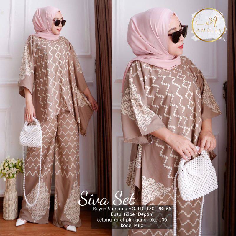 Siva Set - One Set Jumbo Waka Waka Setelan Wanita Rayon Premium  Set Celana Panjang Batik Bigsize Kekinian LD  140 cm