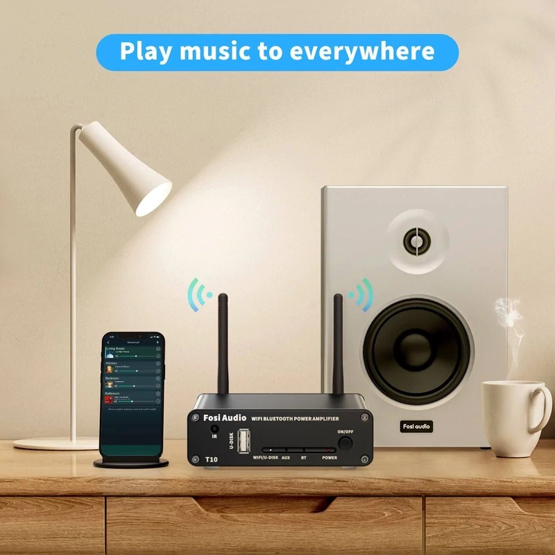 Fosi Audio WiFi &amp; Bluetooth 5.0 Amplifier 2 CH Digital Audio Speaker with Remote - T10 - Black