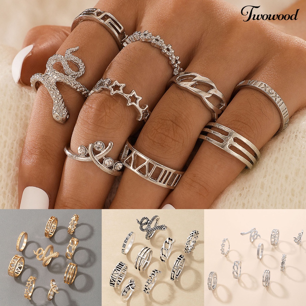 9 Pcs / Set Cincin Bentuk Ular Hollow Gaya Gothic Untuk Wanita