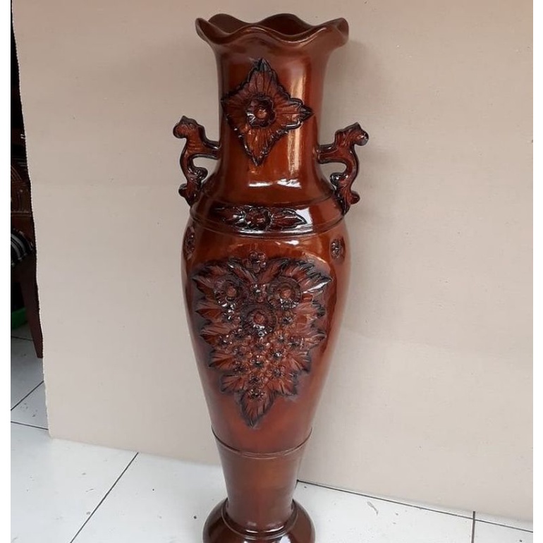 guci kayu/hiasan ruangan rumah/perlengkapan ruang tamu/guci ukir mawar+kaki guci