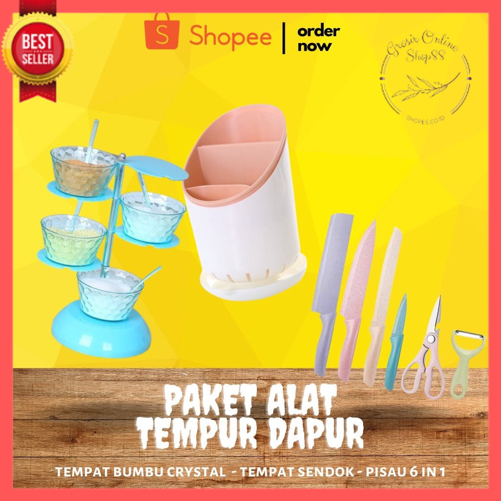 GOS - [PAKET ALAT TEMPUR DAPUR] PISAU 6 IN 1 + TEMPAT SENDOK + TEMPAT BUMBU CRYSTAL