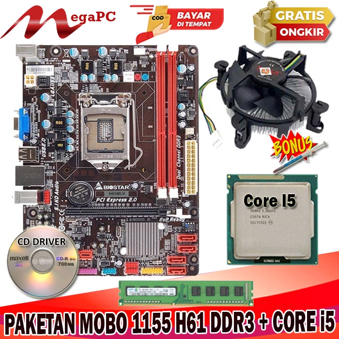 Paket Mainboard LGA 1155 H61 DDR3 + Core i5 3470 + FAN + RAM 4GB