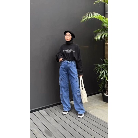 (27-30) DEEP SNOWBLUE HW DOUBLE CARGO LOOSE JEANS / DARK SNOWBLUE HW DOUBLE CARGO LOOSE JEANS / CELANA HIGHWAIST CARGO KANTONG DUA LOOSE JEANS WANITA CEWEK