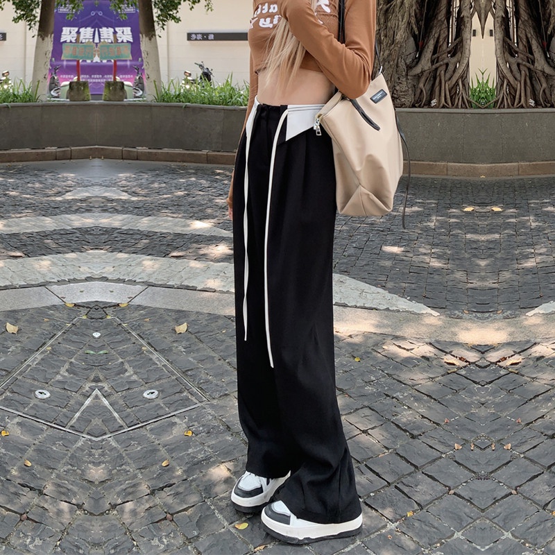 Celana Hitam Highwaist Kulot Wanita Lurus Senam Serut Casual Pants