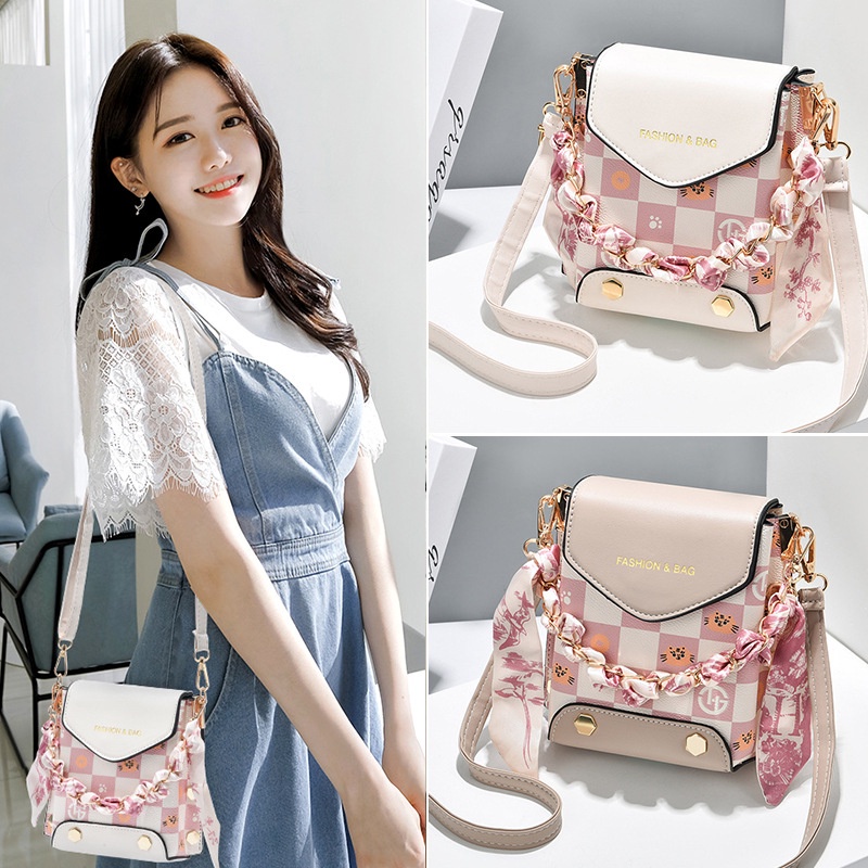 ❀ Chingu ❀ TW013 Tas Selempang Wanita Motif Kucing Kotak Simple Mini Tas Bahu Import Murah