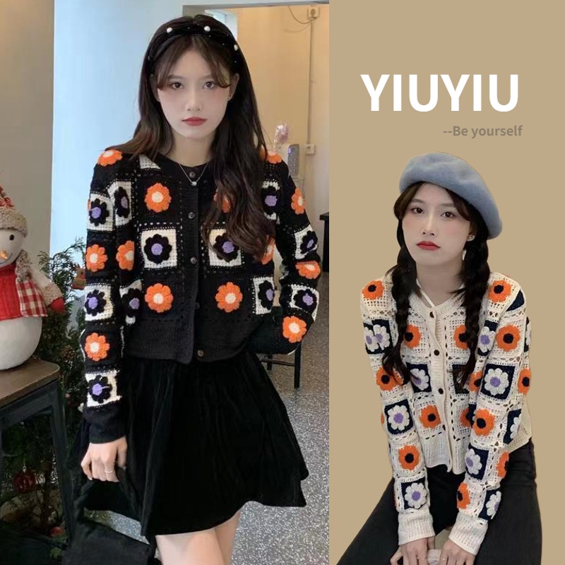 YIU YIU Rajut - Cardigan Rajut Premium Wanita Bunga Lengan Panjang Outer Wanita