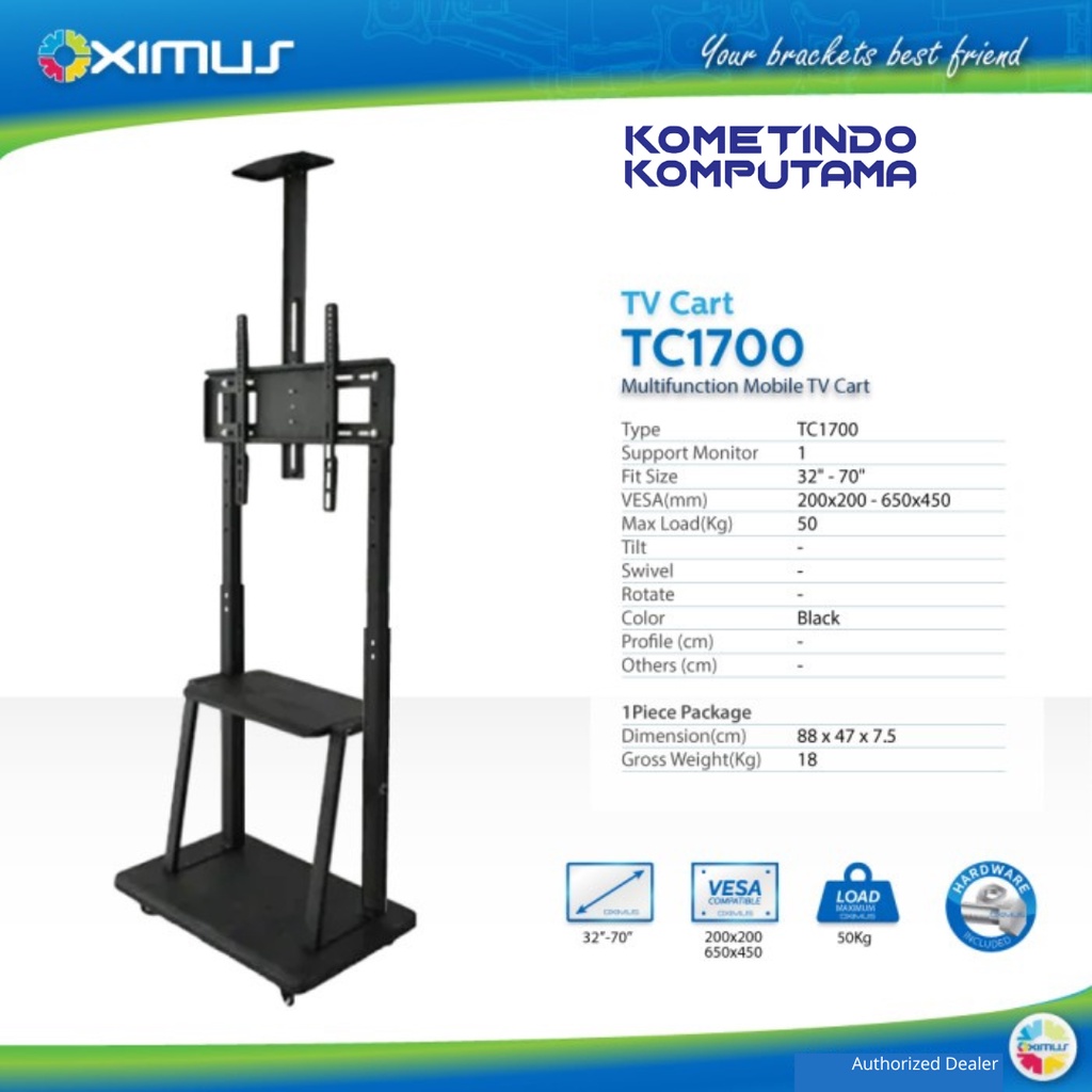 TC1700 32" - 65" OXIMUS BRACKET TV LED LCD MONITOR STANDING RODA TV CART