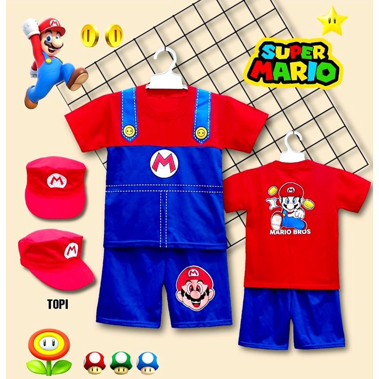 SETELAN KOSTUM PENDEK ANAK SUPERMARIO DAPAT TOPI USIA 1-10THN/SETELAN PENDEK KOSTUM MARIOBROS/TOPI MARIOBROS