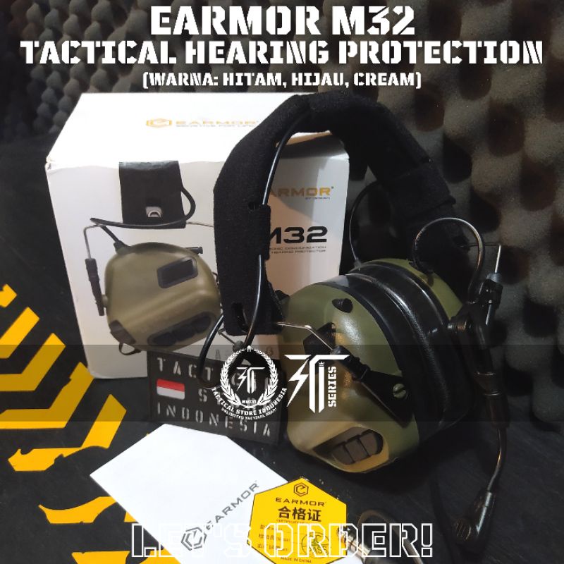 Earmor M32 Tactical Hearing Protection - Headset Headphone Tactical Hitam Hijau Cream