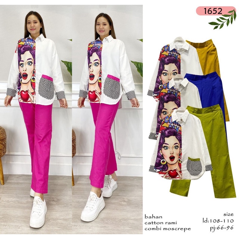 NOOZ One Set Katun Rami Terbaru/ETELAN KEMEJA DAN CELANA WANITA MOTIF PRINTING/Setcel Half Printing/