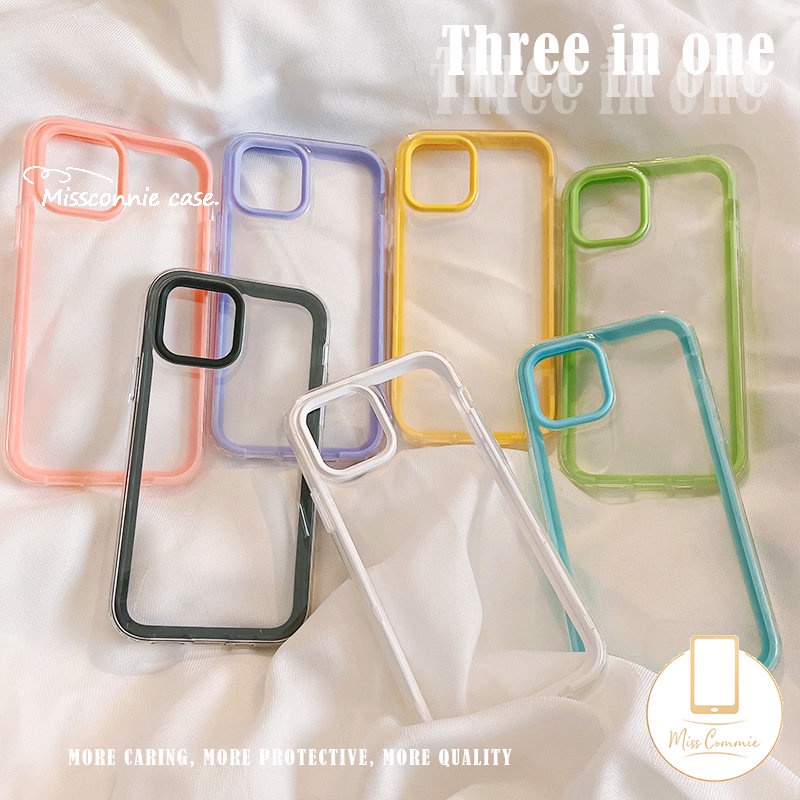 Soft Case Silikon Transparan 3 in 1 Warna Permen Untuk iPhone 11 14 Pro Max 7Plus 8Plus 14 Plus 12 13 Pro Max 6 6s 7 8 Plus XR X XS Max SE 2020