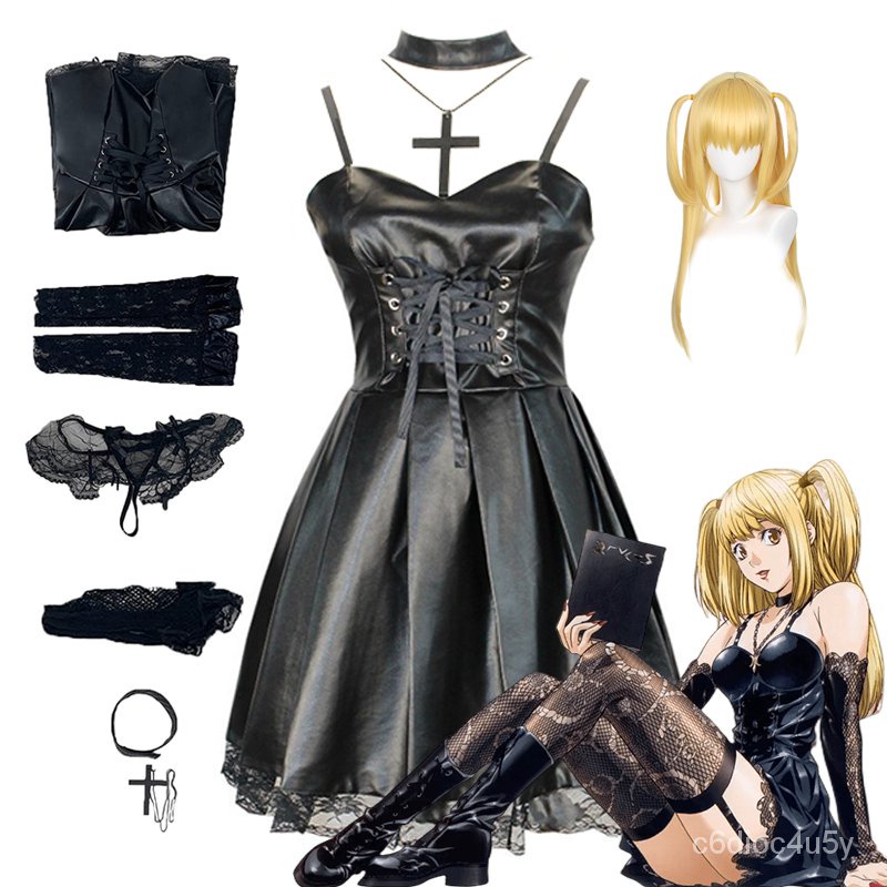 Death Note Cosplay Anime Misa Amane Costume Faux Leather Sexy Black Lolita Dress Wig Set Halloween C