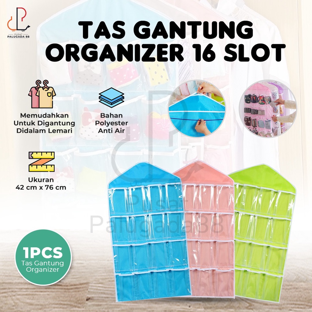 Tas Kantong Organizer Perapih Dalaman Hijab Pakaian Kaos kaki Gantung Hanging Bag Lemari Tas Sepatu Acc Storage 16 hanger pouch Lemari DInding Pintu bag kantung