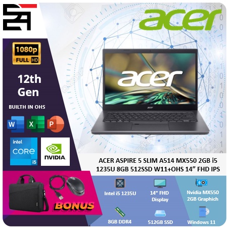 Acer Aspire 5 Slim A514 MX550-2GB i5 1235U 8GB 512GB SSD W11+OHS 14 Inchi FHD IPS