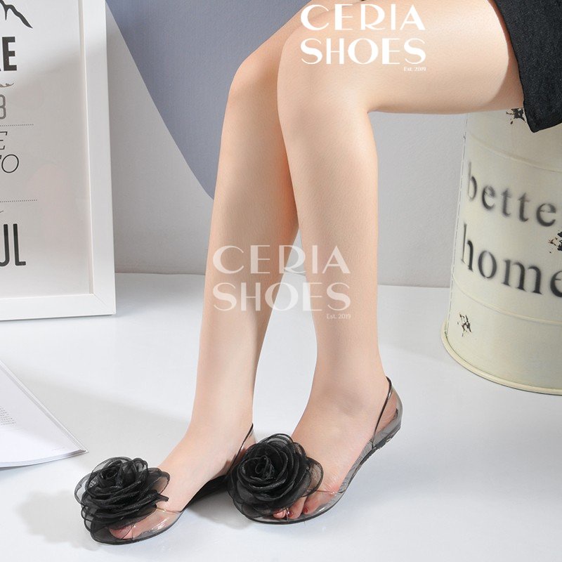 Sepatu Jelly Flat Teplek Bunga Import Karet Non-Slip Lentur Elastis 186 Sandal Kaca