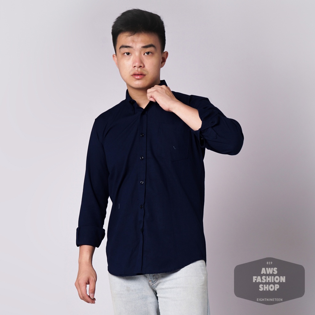 819 Kemeja Pria Lengan Panjang Polos Biru Navy Blue Oxford Basic SIMPLE Slimfit Casual Tersedia Ready Sampai Size JUMBO BIG SIZE XXL XXXL